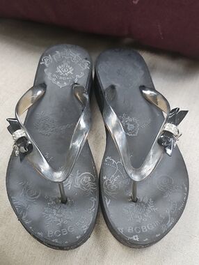 BCBG Black Jelly Bow Flip Flops with Rhinestone Accent